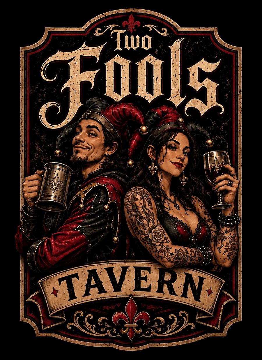Two Fools Tavern illustrated poster with jester figures, brass scrollwork, and the tavern name